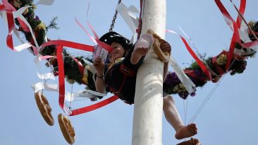 Die Maibaumkraxler räumten alles ab, was der Maibaum für sie hergab. Foto: Knut Kuckel